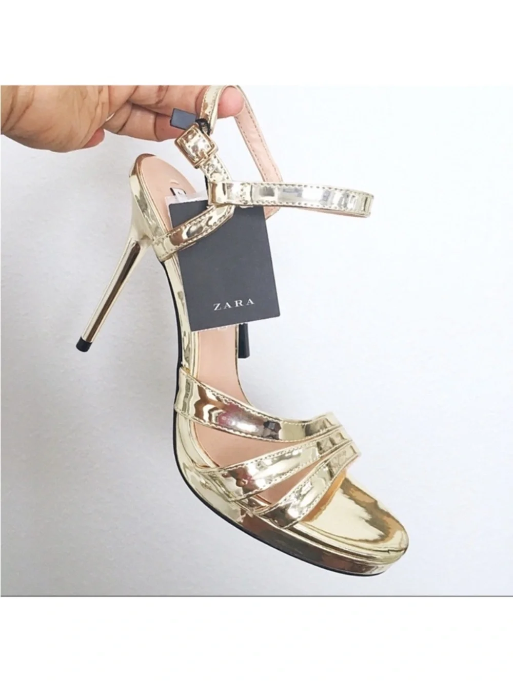 Zara Trafaluc Shiny Metallic Gold Strappy High Heel Sandals